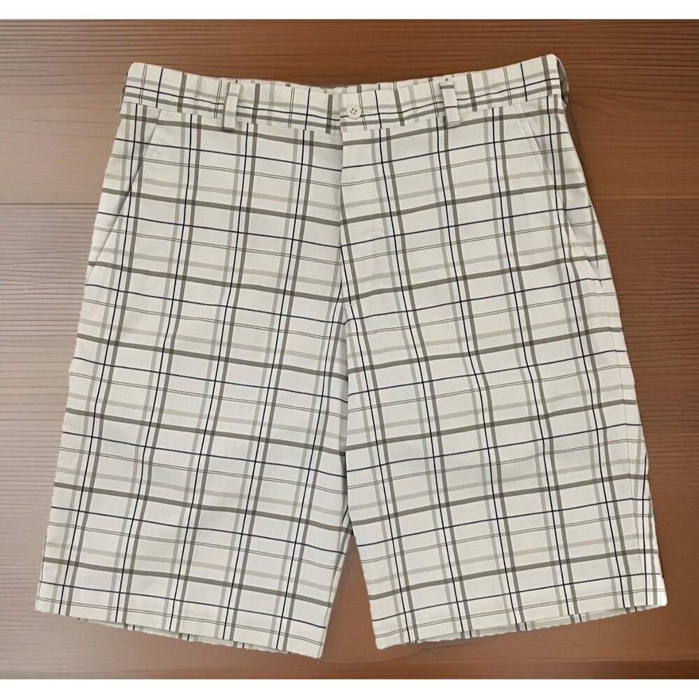 Men’s NIKE Golf Shorts Fit Dry White Grey Plaid Comfort Stretch Medium 32x11